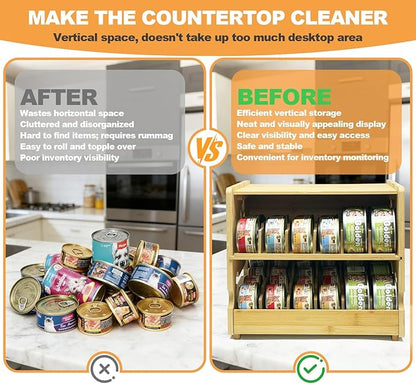 Cat Food Organizer, Bamboo Can Organizer for Pantry,2 Tier Stackable Pet Food Can Organizer for Kitchen Pantry, Can Rack Organizer for Human and Pet Food Cans, FIFO Design