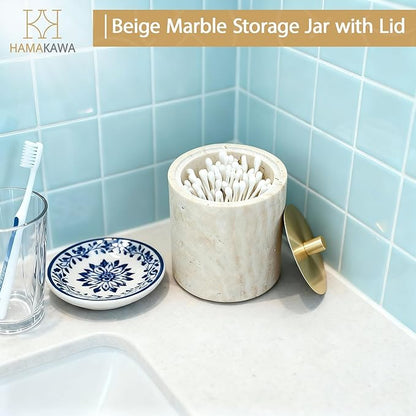 Nartural Marble Qtip Holder with Brass Lid, Beige Travertine Cotton Swab Jar, Modern Round Canister, Small Apothecary Storage Jars for Bathroom, Bedroom, Vanity, Kitchen Cabinet