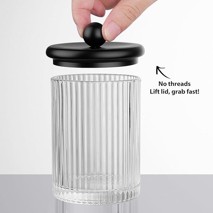 3Pack Glass Qtip Holder Dispenser Set - Bathroom Canister Storage Organizer for Cotton Balls, Swabs, Floss Picks, and Makeup Sponges with Matte Black Metal Lid - Clear Vanity Apothecary Jars