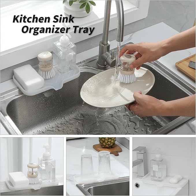 MicoYang Silicone Bathroom Soap Dishes with Drain Spout-Bathroom and Kitchen Sink Organizer,Sponge Holder,Dish Soap Tray,Perfect for Dispenser,Scrubber,Bottle,Cup on Counter Translucent 9.6"×5.3"