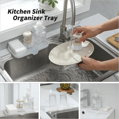 MicoYang Silicone Bathroom Soap Dishes with Drain Spout-Bathroom and Kitchen Sink Organizer,Sponge Holder,Dish Soap Tray,Perfect for Dispenser,Scrubber,Bottle,Cup on Counter Translucent 9.6"×5.3"