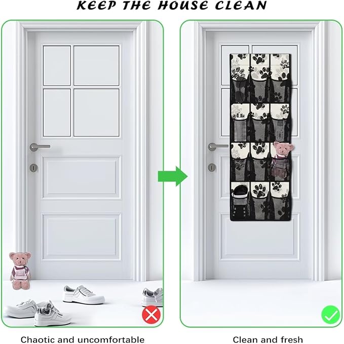 12-Pocket Behind The Door Storage Organizer, Oxford Material Waterproof Foldable and Designed for Bathroom Pantry or Bedroom Use, Black Dog Paw Print