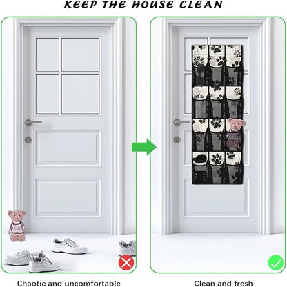12-Pocket Behind The Door Storage Organizer, Oxford Material Waterproof Foldable and Designed for Bathroom Pantry or Bedroom Use, Black Dog Paw Print