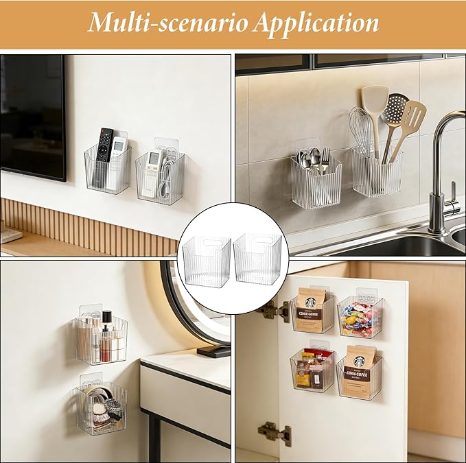 8 Pcs Plastic Cabinet Door Organizer, Adhesive Clear Wall Mount Storage Bins, Acrylic Cabinet Door Storage Baskets, Organizers Hanging Holder Shower Caddy for Bathroom Kitchen Makeup Pantry