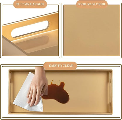 MAONAME Gold Vanity Tray, Plastic Decorative Tray, Rectangular Trays with Handles, Narrow Bathroom Trays for Toilet Tank, 13.8" X 6" X 1.57"