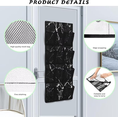 Black Marble 12-Pocket Over Door Hanging Shelves, Adjustable Compartments for Spices, Snacks, Cosmetics