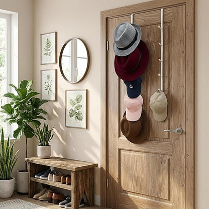 MyGift 2 Pcs Over The Door Hat Organizer, Door Hanger Hat Rack Display Storage, 5 Hooks Heavy Duty, for Coat, Scarf, Purse, White Metal