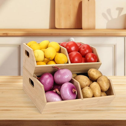 Bamboo Pantry Organizers and Storage Bins, 2 Set Stackable Baskets for Vegetables, Potatoes, Onion, Garlic, Bread - Bamboo Kitchen Containers for Pantry Drawer, Counter, Cabinet