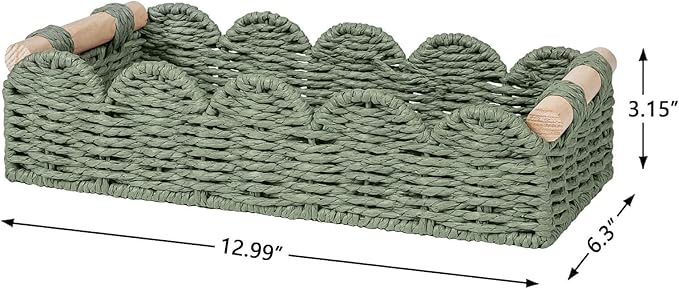 CubesLand Toilet Paper Storage Basket Organizer, Small Wicker Toilet Tank Top Decorative Baskets for Countertop, Handwoven Scalloped Basket w/handle for Home Decor, Living Room, Bedroom, Green