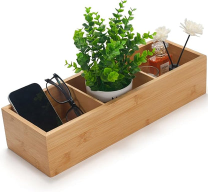 Bamboo Bathroom Basket, Wood Toilet Tank Basket, Wooden Storage Box with 3 Compartments for Bathroom Organizer (16.5 x 5.5 x 3.5 inch)