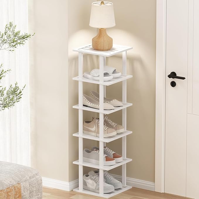 Vertical Bamboo Shoe Rack, Tall Narrow Shoe Storage Organizer for Small Spaces, Stackable DIY Skinny Shoe Shelf for Entryway Closet Corner Doorway, Space Saving Free Standing Shoe Rack