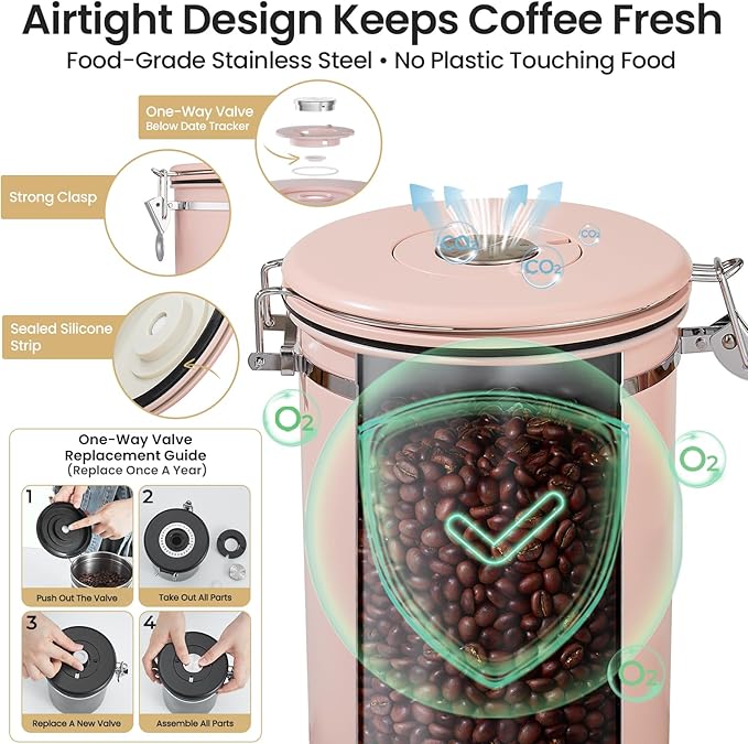 Veken Coffee Canister, 39OZ Large, Airtight Stainless Steel Food Storage Container for 2.2lbs Coffee Beans, Ground, Sugar, Tea, Cookie,Flour, Kitchen Bar Accessories with Date Tracker & Scoop, Pink