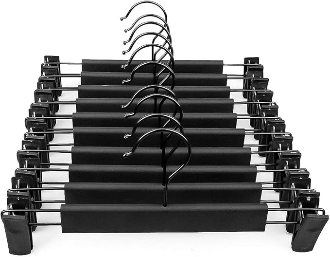 Pants Hangers,Black Clothes Plastic Pant Hangers with 2-Adjustable Anti-Rust Clips Skirt Hangers and 360 Rotatable Hook Trousers Jean Hangers 10 Pack