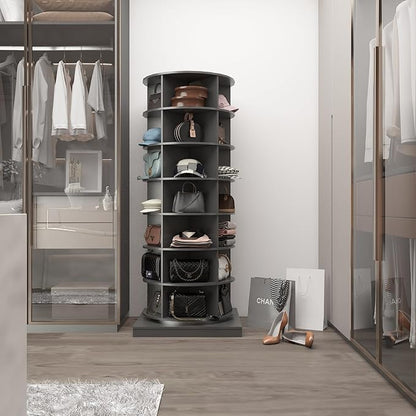 HomVent Rotating Shoe Rack, Wooden 7-Tier Spinning Shoe Rack Tower, Free Standing 360° Revolving Shoe Organizer Shoe Storage Shelf Can Hold Over 28 Pairs Shoes for Entryway Living Room (7-Tier, Gray1)