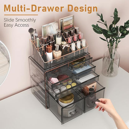 Delamu 3-Tier 6-Drawer Makeup Organizer Countertop Cosmetic Organizer for Dresser and Vanity Bathroom Organizers and Storage for Lipstick Brush Skincare Perfume, Nail Polish, Black with Gilded Borders