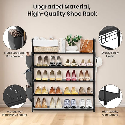 VILICK 5 Tier Shoe Rack with Hook and Side Pocket,Shoe Organizer Space Saver Storage for 20-25 Pair Shoe Storage Shelf Sturdy Free Standing Long Shoe Rack Organizer for Closet,Entryway,Small Spaces