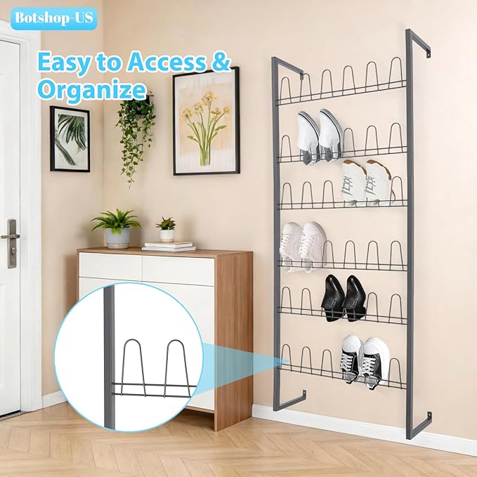 Gdrasuya10 Black Metal Hanging Wall Shoe Rack for Closet, Mudroom and Entryway, 6 Tier 70" Tall Wall Mounted Space Saving Boot and Shoe Rack Organizer, Holds 18 Pairs