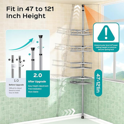 HAMITOR Corner Shower Caddy Tension Pole: Rustproof 4-Tier Bathroom Organizer Shelves for Bathtub Shampoo Storage - 47-121 Inch Quick Install Adjustable Rod Standing Rack with Soap Rack - Silver Gray
