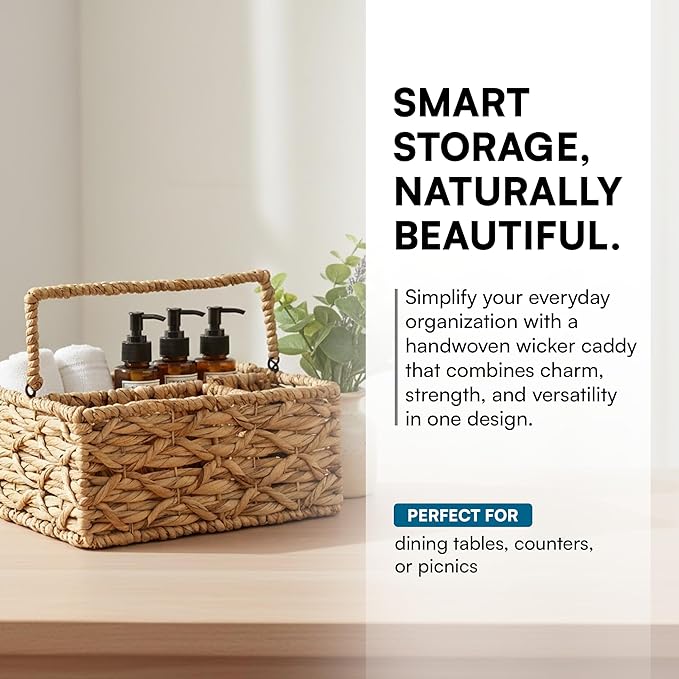Honey-Can-Do Multi-Use 3-Compartment Wicker Basket Caddy with Handle, Natural STO-09844 Natural Medium