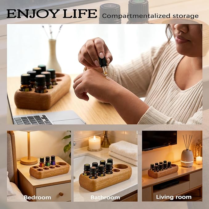 RoseFlower Wooden Essential Oil Display Storage Organizer Holder Stand - 9 Slots Red Oak Wood Rack - Holds up to 9 Aromatherapy Bottles - Ideal Gift Presentation Shelf