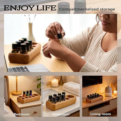 RoseFlower Wooden Essential Oil Display Storage Organizer Holder Stand - 9 Slots Red Oak Wood Rack - Holds up to 9 Aromatherapy Bottles - Ideal Gift Presentation Shelf