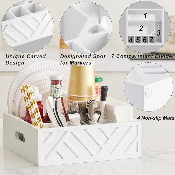 Utensil Holder for Party-Paper Plate Dispenser and Holders for countertop,Wood Rustic Silverware Utensil Caddy with 7 Compartments,Cutlery Flatware Organizer Box for Cup/Fork/Spoon,Kitchen Accessories