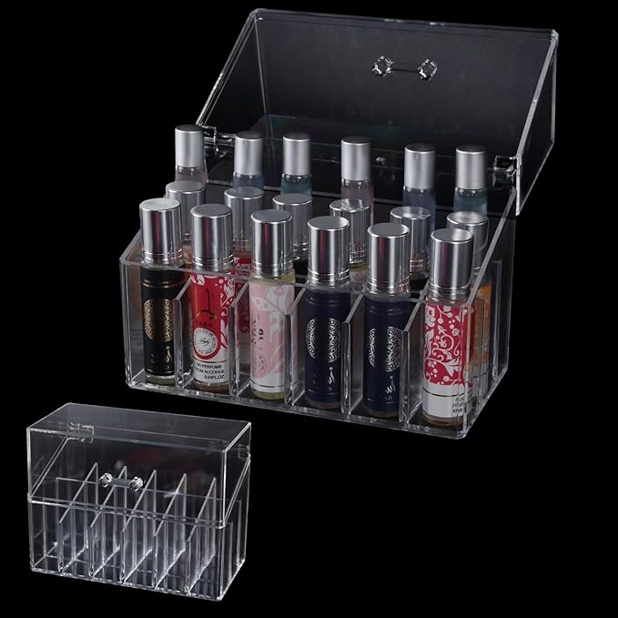 Acrylic Lipgloss Lip Gloss Holder & Rollerball Perfume Organizer for Compact Essential Oil Rollerball Perfume Holder, Makeup Brush, 18 Slots Tubular Storage Display Cabinet With Cover