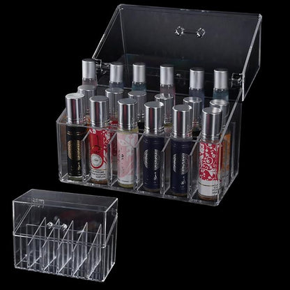 Acrylic Lipgloss Lip Gloss Holder & Rollerball Perfume Organizer for Compact Essential Oil Rollerball Perfume Holder, Makeup Brush, 18 Slots Tubular Storage Display Cabinet With Cover