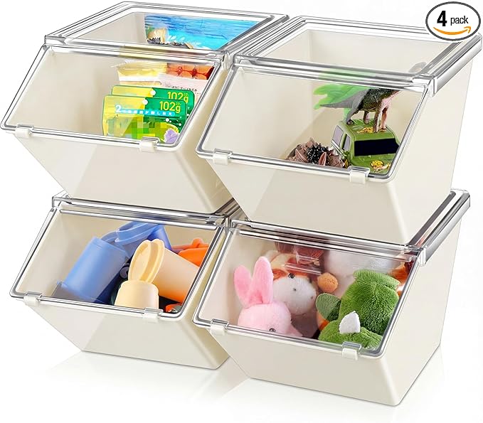 Yerliker 4 Pcs Clear Plastic Storage Bins with Lids Large Stackable Pantry Storage Organizer Bins Kitchen Organization Cabinet Organizers Ideal Containers for Fridge, Kitchen, Cabinets (White)