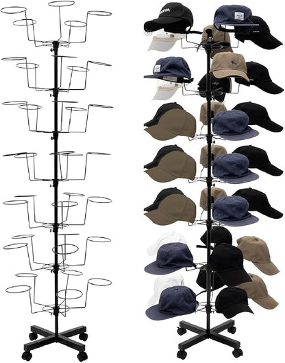 7-Tier Rotating Hat Display Stand, Free Standing Hat Rack Stand, Rolling Display Hat Stand with 35 Metal Hooks, Adjustable Height Cap Organizer for Wig Cap Baseball Hats (1PC - Black)