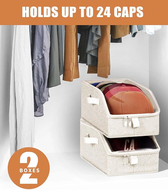 Livelab Hat Organizer for Baseball Caps, Hat Storage Holder Container for Closet Hold Up to 12 Caps with Clear Window, Hat Boxes for Home Storage | 2Pcs Beige