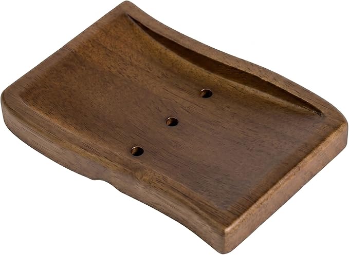 Wood Self-Draining Bar Soap Holder, Natural Rubberwood Soap Dish with 3 Drainage Holes, Non-Slip Soap Saver Tray for Bathroom & Kitchen, Rustic Wooden Sponge/Soap Case, Brown, 1-Pack