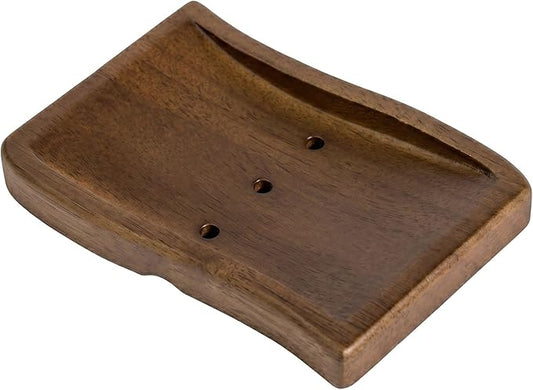 Wood Self-Draining Bar Soap Holder, Natural Rubberwood Soap Dish with 3 Drainage Holes, Non-Slip Soap Saver Tray for Bathroom & Kitchen, Rustic Wooden Sponge/Soap Case, Brown, 1-Pack