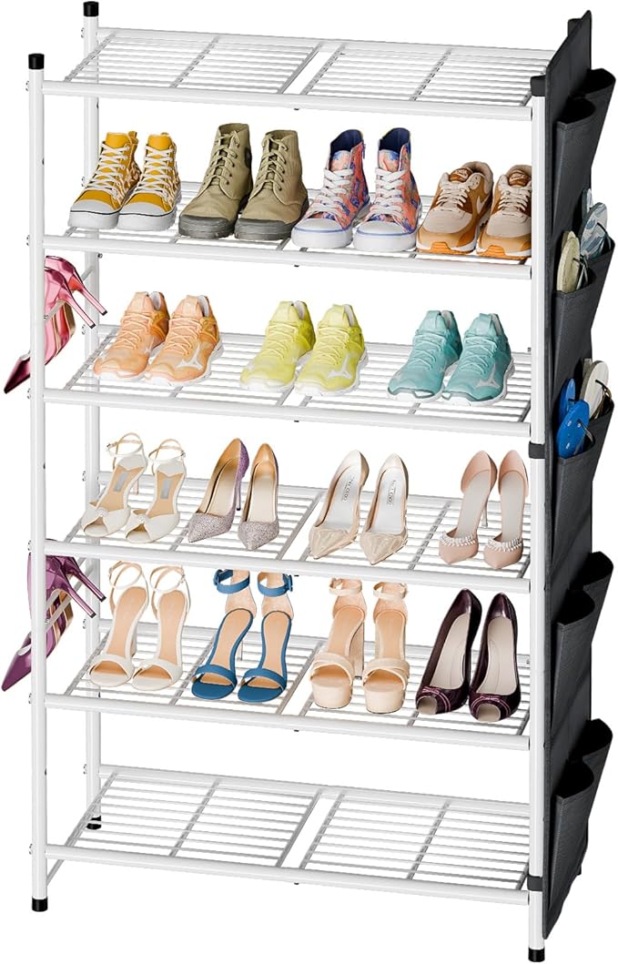 6 Tier 27" Metal Shoe Rack for Closet, Shoe Organizer Storage Shlef with Pocket, White