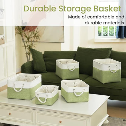 Large Storage Baskets- 15x11x10 inch Storage Bins for Shelves and Closet Organizing, Foldable Fabric Bin for Home Organization Clothes and Laundry (3-Pack, White&Green)