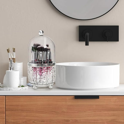 Eorbow Rotating Makeup Brush Holder, Dustproof Cosmetic Tools Organizer with Lid, 360° Spinning Covered Brushes Storage with Anti-slip Pads for Vanity, Bathroom Countertop & Bedside Table, Clear
