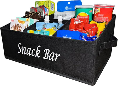 Snack Bar Organizer for Countertop,Black Fabric Snack Basket with Handles,6 Compartment Open Top Snack Bin for Kitchen Counter,Pantry,Snacks & Party Treats