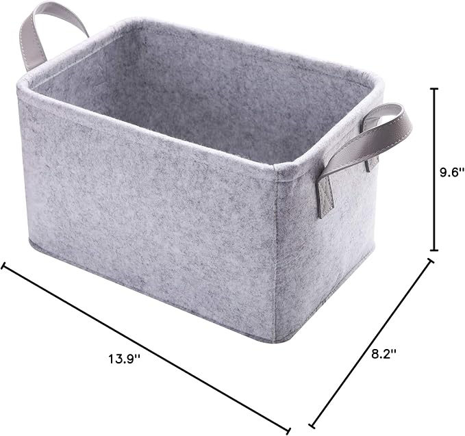 Collapsible Storage Bins Foldable Felt Fabric Storage Basket Organizer Boxes Containers with Handles PU Handles for Nursery Toys,Kids Room,Clothes,Towels,Magazine (PU-Light grey, 15.9L×11W×9.8H)