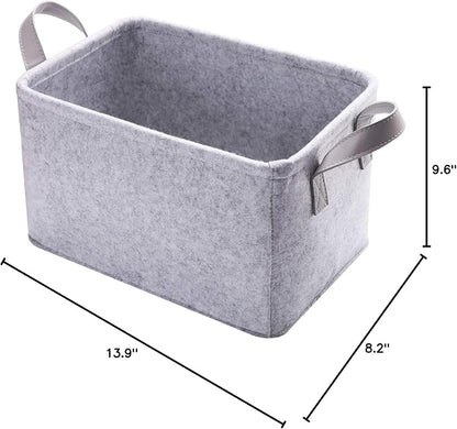 Collapsible Storage Bins Foldable Felt Fabric Storage Basket Organizer Boxes Containers with Handles PU Handles for Nursery Toys,Kids Room,Clothes,Towels,Magazine (PU-Light grey, 15.9L×11W×9.8H)