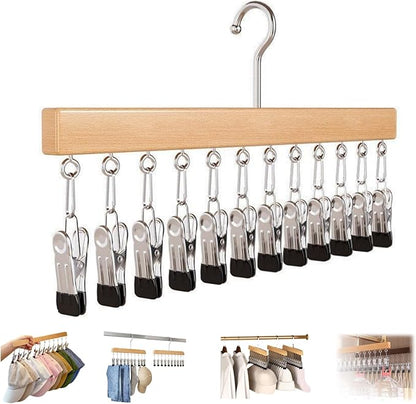 Closet Organizer with 10 Clips, Space Saving Hanging Closet Organizer, Legging Hanger for Closet Organizer with 10 Clip for Storing Jeans, Legging, Shorts (Wood-12 Clips, 1PC)