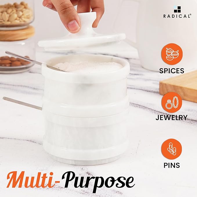 Radicaln Handmade Marble White 5.5” Dual Salt Cellar & Brown Sugar Keeper – 2.3” Each Herb Jar Salt Dish Kitchen Accesorries – Ideal For Jewelry, Butter, Sugar & Home Décor