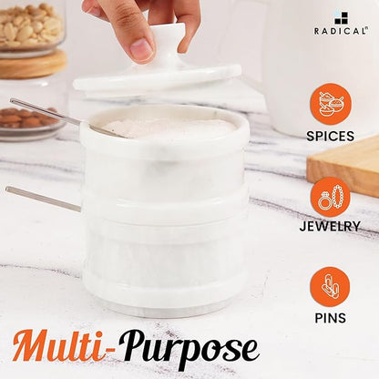 Radicaln Handmade Marble White 5.5” Dual Salt Cellar & Brown Sugar Keeper – 2.3” Each Herb Jar Salt Dish Kitchen Accesorries – Ideal For Jewelry, Butter, Sugar & Home Décor