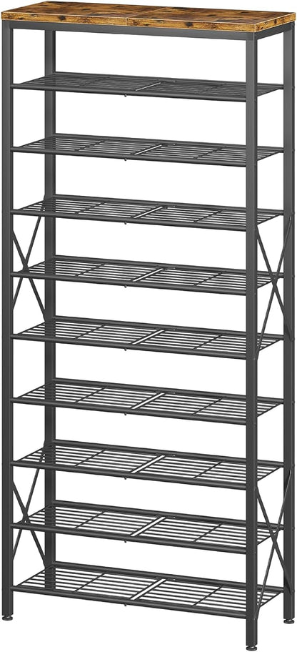 10-Tier Shoe Rack Holds 40 Pairs, Space Saving Shoe Organizer for Entryway Closet Apartment, Industrial Metal Shoe Shelf with Wooden Top, Rustic Brown