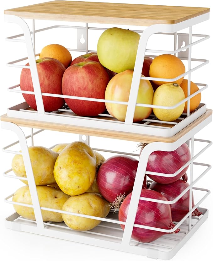 TIDIIABODE Extra Large 2 Pack Potato and Onion Storage Bins, Potato and Onion Storage Baskets with Bamboo Top, Trash Bag Dispenser, Storage Stackable for Kitchen Laundry Organizers, White