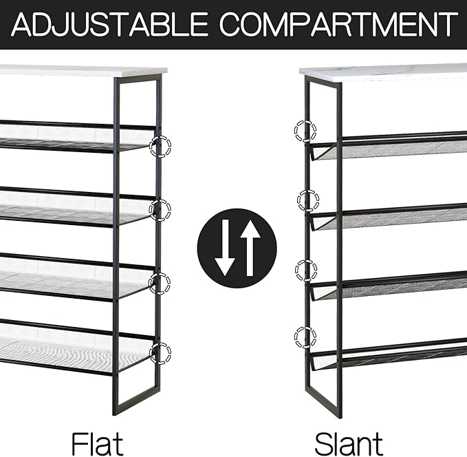 Garden 4 you Shoe Rack for Entryway 5 Tiers 11.8" D x 29" W x 36.5" H, Metal Shoe Rocks with White Wooden Tabletop, Angled Shoes Rack with Adjustable Mesh Shelves for Entryway Hallway Closet
