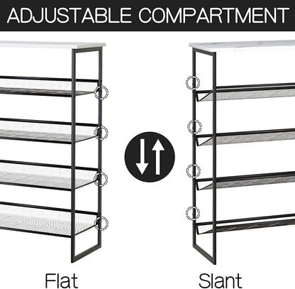 Garden 4 you Shoe Rack for Entryway 5 Tiers 11.8" D x 29" W x 36.5" H, Metal Shoe Rocks with White Wooden Tabletop, Angled Shoes Rack with Adjustable Mesh Shelves for Entryway Hallway Closet