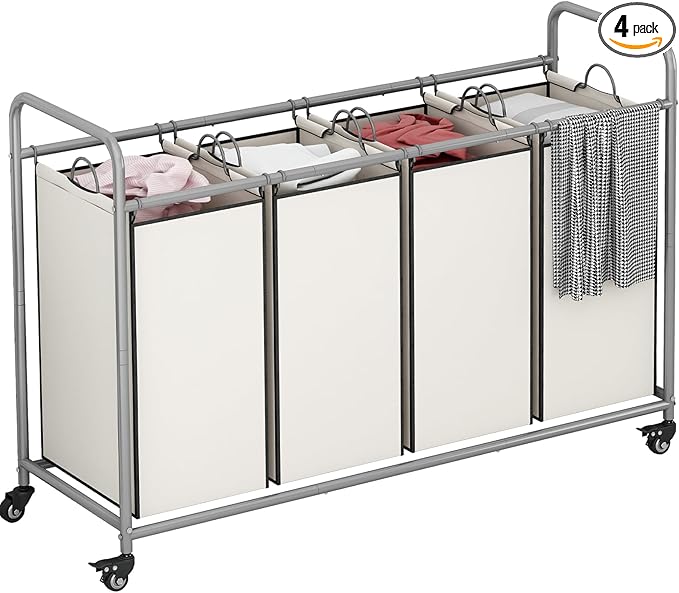 Laundry Sorter 4 Section Hamper Sorter with Heavy Duty Lockable Rolling Wheels Removable Bags Basket Separator for Dirty Clothes Storage, Beige