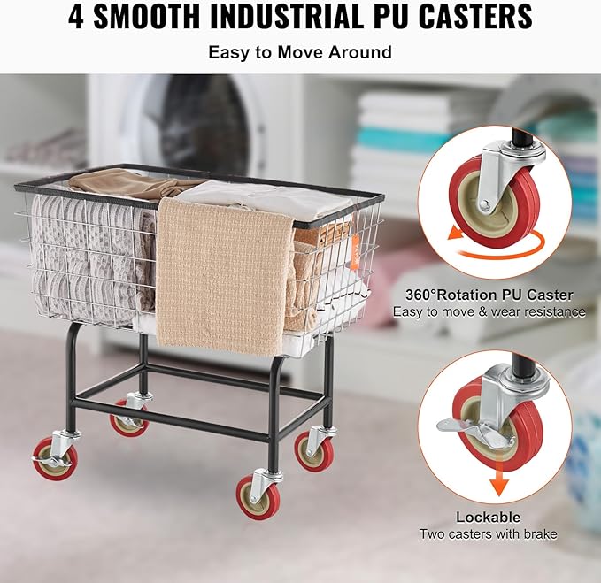 VEVOR Wire Laundry Cart, 2.8Bushel Wire Laundry Basket with Wheels, 26.7''x21.7''x26.4'' Commercial Basket Cart, Steel Frame with Chrome Finish, 4" Casters