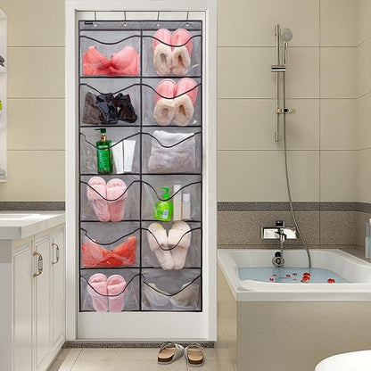Extra Large Pockets Shoe Organizer Hanging Shoe Rack Organizer for Bedroom Shoe Storage Bathroom Shoe Holder with 12 Clear Pockets (12 Large Pockets-Grey)