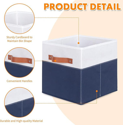 ShellKingdom Storage Bins, Two-Tone Foldable Fabric Storage Cubes with Leather Handle for Closet Toys Clothes Storage Organizer Drawer, 10.5 X 10.5 X 11 inch (White/Dark Blue)